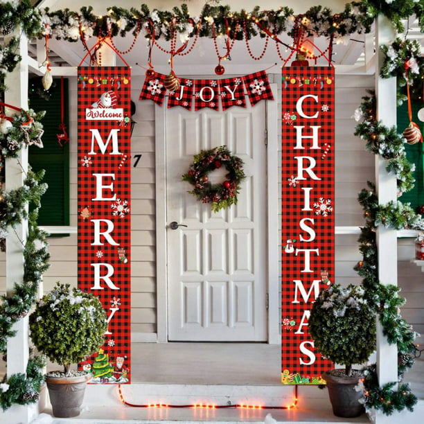 Merry Christmas Banner Buffalo Plaid Christmas Porch Sign Hanging Xmas Decor